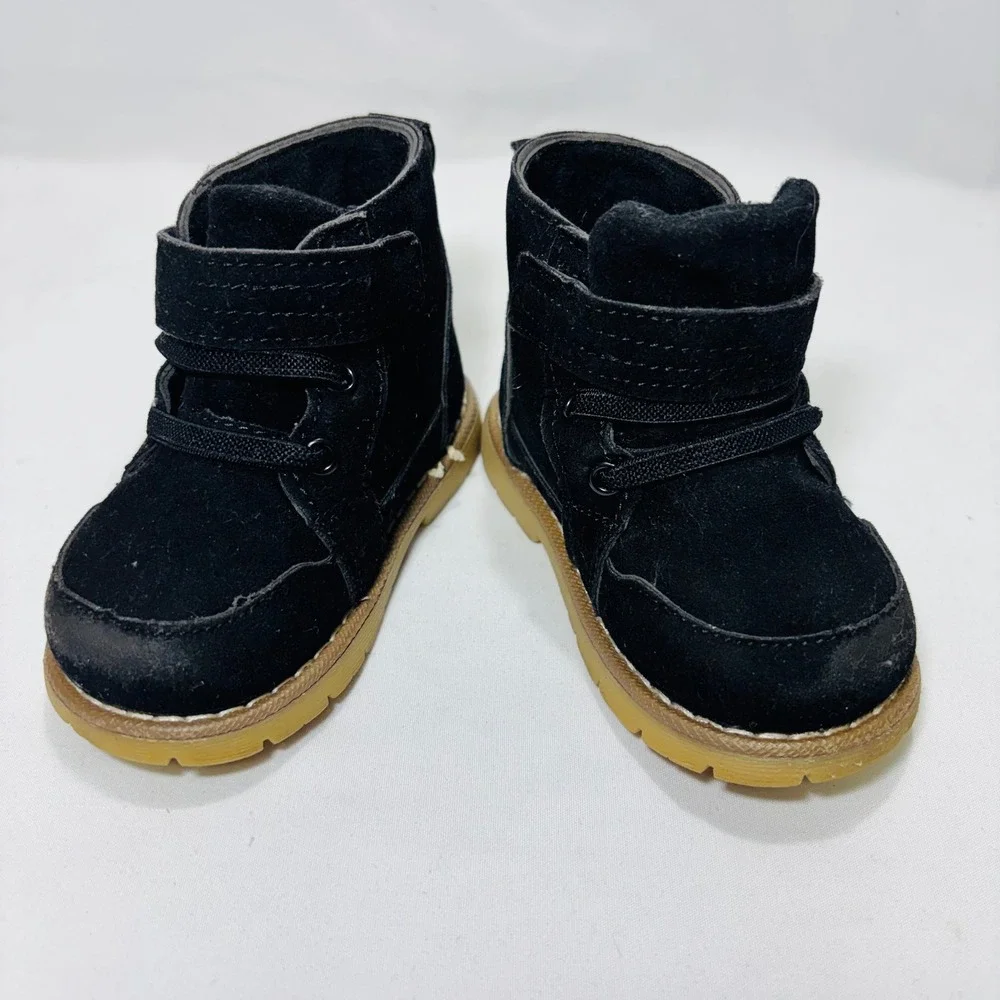 Toddler Boys Black Faux Suede Ankle Boots Gum Sole Size 3 Hook Loop Strap